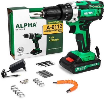 ALPHA A-6112 Drill Machine Tool Box Set 21V Electric Power Screwdriver With 2000 mAh 2 Battery & Charger | 2-Speed | 0-1350 RPM | 1-10Mm | 3/8 Keyless For Wall Metal Cordless Drill