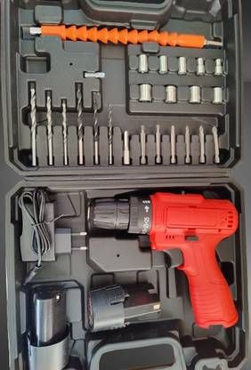 RMGS 10mm Multi Function Drill Plastic Cordless Drill Screw Driver with 24pc tool kit 10 mm Keyless Chuck with 2 batteries LED torch Reversible Variable Speed Cordless Drill