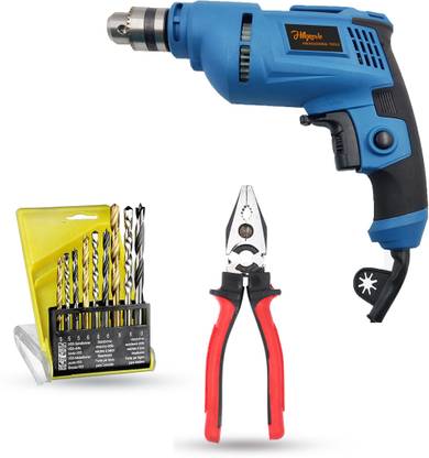 Hillgrove HGCM864M1 500W Power Drill Machine with 9Pcs All Type Drill Bits for Making HGCM864M1 Holes in Metal/Wood/Concrete with Reverse Rotation and Variable Speed Pistol Grip Drill