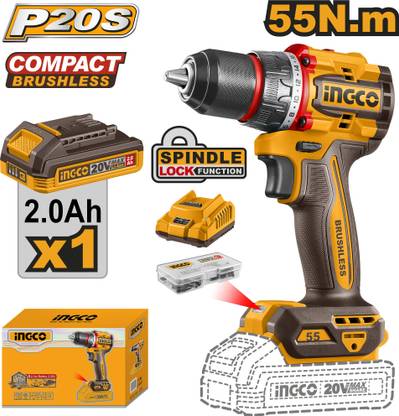 INGCO Compact Brushless Cordless Drill 55Nm, 13mm Metal Chuck, 2-Speed, with 1Pcs Battery, 1Pcs Charger, 47Pcs Accessories, CDLI205582 Cordless Drill