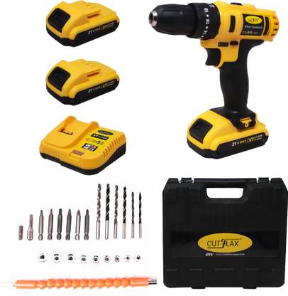 CUTFLAX YKID21V Cordless 21V 10mm Impact Drill, 2 Batteries, 1 Charger & 24 Accessories Cordless Drill