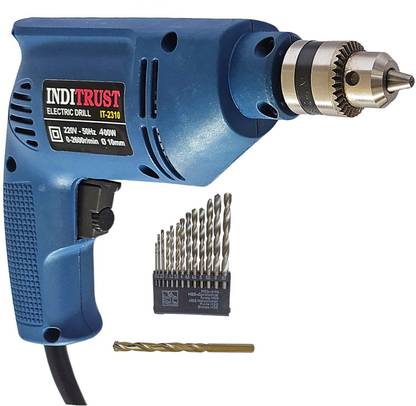Inditrust 6-Month Warranty 400w 100% Copper Winding 10mm Left Right Rotation Drill Machine & 13pc HSS 1 masonry bit (Pack of 3) Pistol Grip Drill