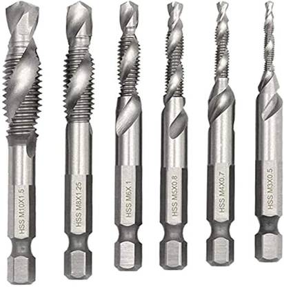 PROBEROS 6 Machine Screw Tap Set HSS Titanium Spiral Flute Drill Taps Metric M3 M4 M5 M6 M8 M10 Thread Tapping Tool 1/4 Hex Shank Countersunk Tap Drill Bit Cordless Drill