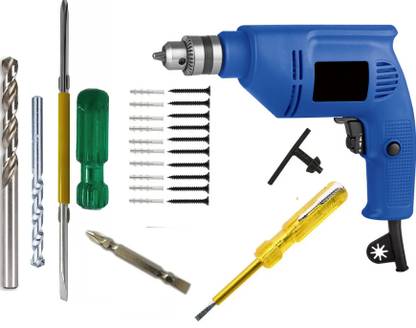 Tulsway Trust 450w Reversible Drill Machine 20pc Gitti Screw Ph2 M. HSS Tester Screwdriver set Pistol Grip Drill