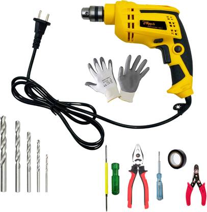 Hillgrove HGCM1134M3 450W Drill Machine with 5Pcs Hand Tool Kit, 5Pcs HSS Drill Bits for Making Holes in Metal/Wood/Concrete with Reverse Rotation PWD951 Pistol Grip Drill