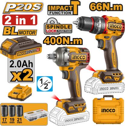 INGCO Cordless 2pcs Combo, Brushless Cordless Impact Drill & Cordless Impact Wrench, with 2Pcs Batteries, 1Pcs Charger, 47Pcs Accessories, 3Pcs Sockets, Cordless Drill