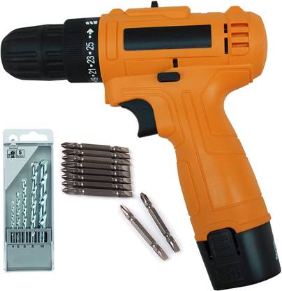 MHA Multi Function Cordless Drill Machine 12V 2 Battery & Two Speed Control with 5pcs Masonry Drill Bit Set and PH2(+/-) 10pcs Bits (Size -compact) Pistol Grip Drill
