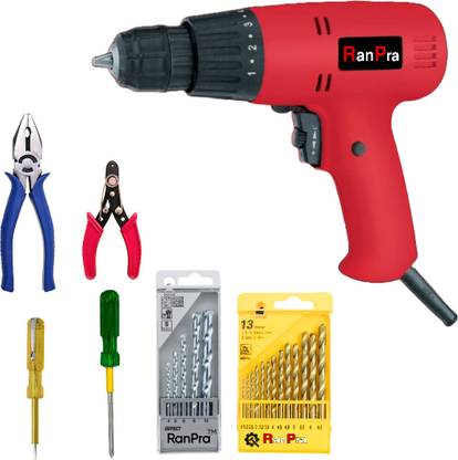 RanPra KEYLESS CHUCK DRILL MACHINE WITH DRILL BIT SET AND 4 TYPE HAND TOOLS SET | RH-312 WITH HAND TOOL 1 | Pistol Grip Drill