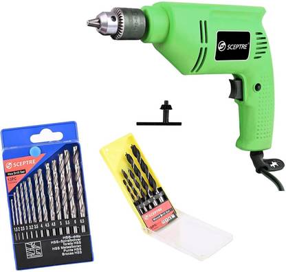 Sceptre SP-2310 10MM Corded Drill Machine 300W, 3200RPM with 13 Pcs HSS Bit & 5 Pcs Wood Bits Set for Carpenter & masonry (220V, Green) Pistol Grip Drill