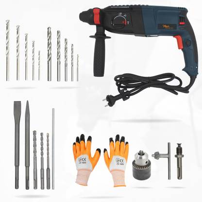 Hillgrove HGCM124M3 26mm Hammer Impact Drill Machine Forward/Reverse Rotation with SDS Adapter,Drill Chunk(13mm), Masonry and HSS Drill Bits HGCM124M3 Pistol Grip Drill