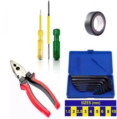 GrabMoor Combo of L-5Z 8" Plier, 2in1 Screwdriver, Allen Key Set, 2in1 Tester, Tape Hand Tool Kit