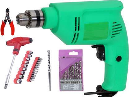 Digital Craft Power Tools High Power 220V Electric Impact Drill Electric Adjustable Speed Positive Negative Rotation Tool Kit With 13PC HSS 1Pc Masnory 24Pc Screwdriver & Wire Stripper Power & Hand Tool Kit