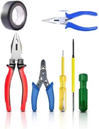 Tooltastic 8" Plier, Wire Cutter, Line Tester, 2in1 Screwdriver, Tape, Nose Plier Hand Tool Kit