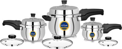 CDM SOLITAIRE MegaCombo Belly 1.5,3 & 5 Ltr. Sandwich Bottom Outer Lid with Extra 3 Glass Lid 1.5 L, 3 L, 5 L Outer Lid Induction Bottom Pressure Cooker