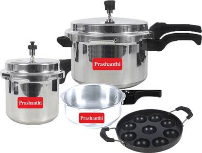 Prashanthi Ganga Cooker Combo 2,3,5 Litres (common lid between 2 and 3 L) & Paniyarakkal 9 Pits 2 L, 3 L, 5 L Outer Lid Pressure Cooker & Pressure Pan