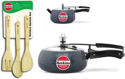 Hawkins Ceramic Pressure Cooker 5L(ICC50),2L(ICC20) & Spatula Set(BSPTL3), Induction Bottom Cookware Set