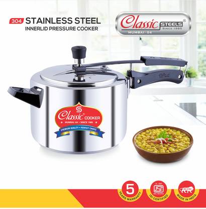 Classic Steels 304 Stainless Steel Heavy Bottom Induction Base Inner Lid Pressure Cooker 5 Ltrs 5 L Inner Lid Induction Bottom Pressure Cooker