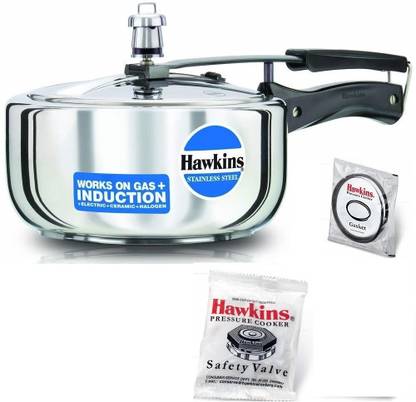 Hawkins Stainless Steel Wide Pressure Cooker 3L(HSS3W),Gasket(2-3L),Safety Valve, 3 L Inner Lid Induction Bottom Pressure Cooker