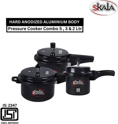SKALA Pressure Cooker Set of 3 | Pack of 5 ltr, 3 ltr and 2 ltr | Outer Lid Black 5 L Outer Lid Pressure Cooker