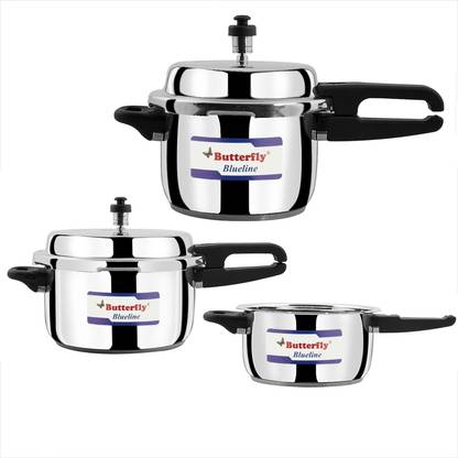 Butterfly Blueline 2.0L, 3.0 & 5.0 liter combo of 100% stainless steel 2 L, 3 L, 5 L Outer Lid Induction Bottom Pressure Cooker