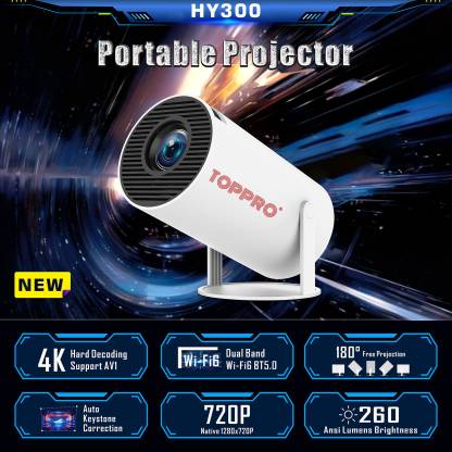 TOPPRO HY300 4K Support Native 720P Android 11 Wifi BT Freestyle Auto Keystone (4500 lm / 1 Speaker / Wireless / Remote Controller) Portable Projector