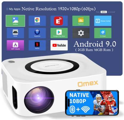 Omex 6500LM Android 9.0 Smart Full HD NEW 5G WIFI, Bluetooth Digital Zoom 4D Keystone (6500 lm / 2 Speaker / Wireless / Remote Controller) Portable Projector