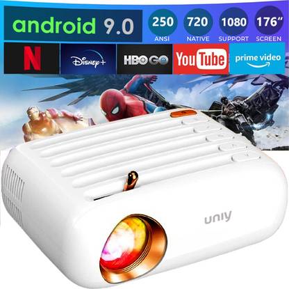 UNIY ANDROID 9.0 WIFI YOUTUBE NETFLIX HD LED 3D Projector 3000 Lumens, HDMI USB VGA AV, 1280*720P BLUETOOTH HIGH DEFINITION 3D VIEW (3000 lm / 2 Speaker / Remote Controller) Portable Projector