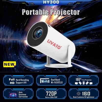 Livato HY300 Full HD Native 720P Support Android 11 Wifi BT Freestyle Auto Keystone (4500 lm / 1 Speaker / Wireless / Remote Controller) Portable Projector