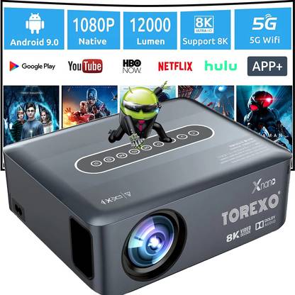 Torexo Sales X1 FullHD Projector 8k Support Android 9.0 (300 ANSI) LED Projector with Bag (12000 lm / 1 Speaker / Wireless / Remote Controller) Portable Projector