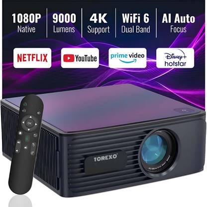 Torexo M6 | Auto Focus | Android 9.0 | 4K 2K Full HD Projector | Ultra Bright Projector (9000 lm / 2 Speaker / Wireless / Remote Controller) Portable Projector