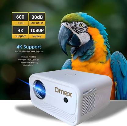 Omex 4K Decoding Android Wifi6 BT 5.0 Short Throw 9000 Lumens (600 Ansi) Dolby (9500 lm / 2 Speaker / Wireless / Remote Controller) Portable Projector