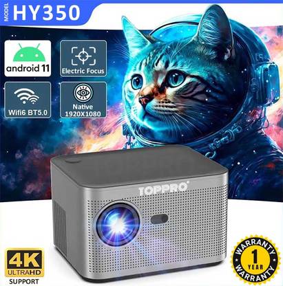 TOPPRO HY350 4K Support Native FullHD Android 11 Wifi BT Electric Focus & Auto Keystone (8000 lm / 2 Speaker / Wireless / Remote Controller) Portable Projector