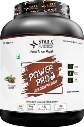 Star X nutrition Power Pro Size Gain Protein - 30g Protein, 5.4g BCAA, 1.5g Creatine, Whey Protein