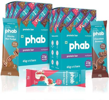 Phab Assorted 21g Protein Bar (Pack of 12), No Added Sugar, GMO Free Protein Bar Protein Bars