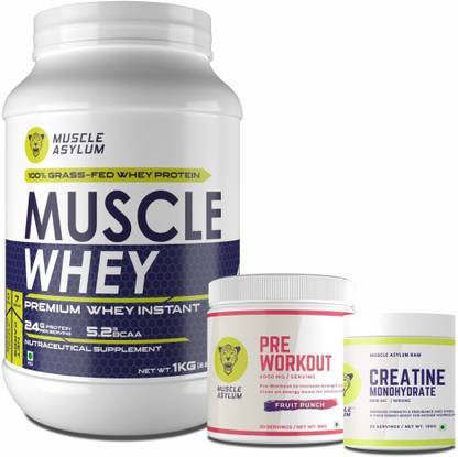 Muscle Asylum Monthly Stack With Whey Protein, Creatine, Pre Workout(Omega With Monthly Stack) Creatine
