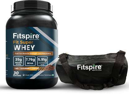 Fitspire Fit Super Whey Protein with Gym Bag | 35g Protein per 100g Serving & 7.76 BCAA | Whey Protein