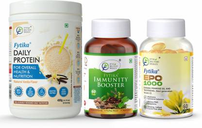 FYTIKA Daily Protein Vanilla -400G + Immunity Booster-60 Tabs + EPO 1000-60 Softgel Protein Blends