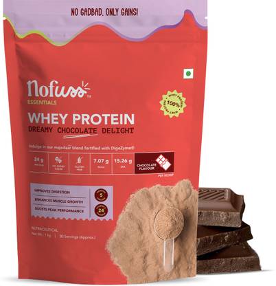 NOFUSS Protein Powder + Shaker | 24g Protein | 7.07g BCAA | 15.26g EAA | 30 Servings| Whey Protein