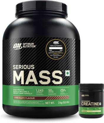 Optimum Nutrition (ON) Serious Mass Weight Gainer 3 Kg + Micronised Creatine 100g unflavored Weight Gainers/Mass Gainers