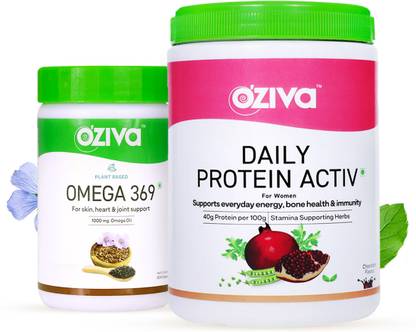 OZiva Plant Based Omega 369 + Daily Protein Activ for Energy & Heart Health Whey Protein