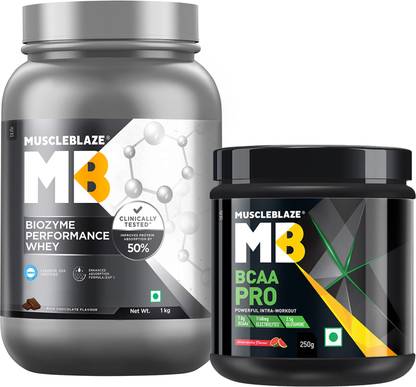 MUSCLEBLAZE Biozyme Performance Whey Protein (Rich Chocolate,1 kg) & BCAA Pro, Intra Workout Whey Protein