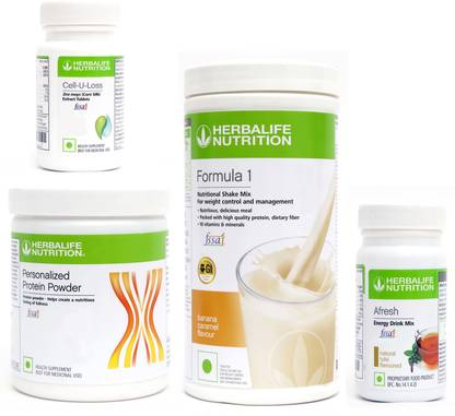 HERBALIFE FORMULA1 BANANA500 G PROTIEN 200 AFRESH ENERGY DRINK TULSI 50 G + CELL U LOSS Whey Protein