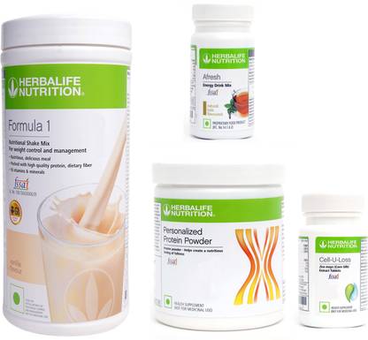 HERBALIFE FORMULA1VANILLA 500 PROTIEN 200 G AFRESH ENERGY DRINK TULSI 50 G CELL U LOSS Protein Shake