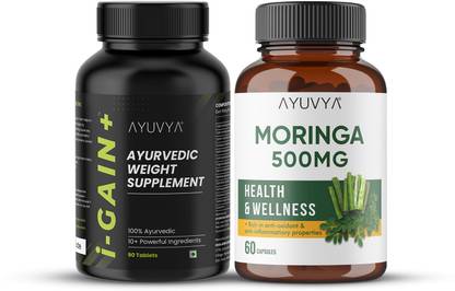 Ayuvya Ayurvedic i-Gain+ Weight Gainer & Moringa Capsules, Combo Kit (Pack of 2) Weight Gainers/Mass Gainers