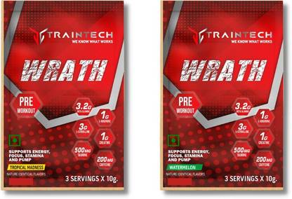 TRAINTECH Wrath Pre workout (Watermelon & Tropical Madness, 6 Serving) Combo Pack Pre Workout