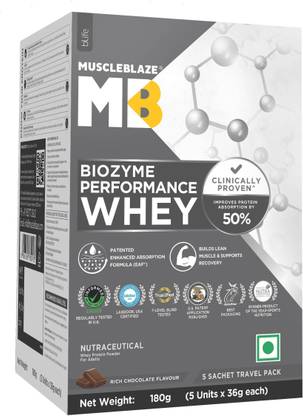 MUSCLEBLAZE Biozyme Performance, 5 Sachet Travel Pack (5x36g), 25g Protein Per Scoop Whey Protein