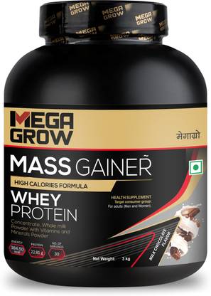 MEGAGROW Mass Gainer Whey Protein Powder, 3kg Milk Chocolate - Total 30 Servings Weight Gainers/Mass Gainers