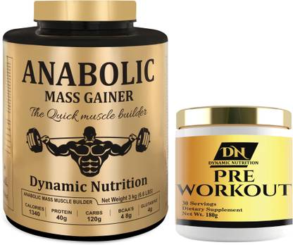 Dynamic Nutrition Anabolic Mass Gainer With High Calories 1340 Free Pre(6Lbs Chocolate+Preworkout) Weight Gainers/Mass Gainers