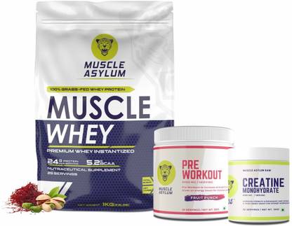 Muscle Asylum Monthly Stack With Whey Protein, Creatine, Pre Workout(Omega With Monthly Stack) Pre Workout