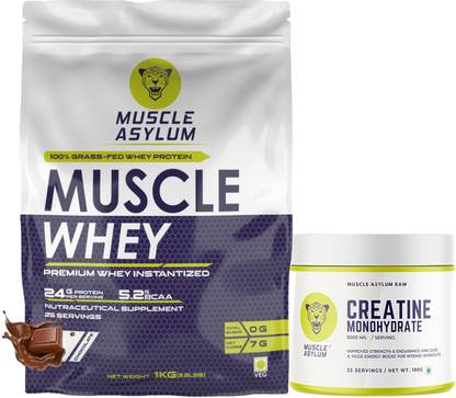 Muscle Asylum Whey Protein 1 Kg Double Chocolate flavor & Creatine -100gm (Unflavored) Whey Protein